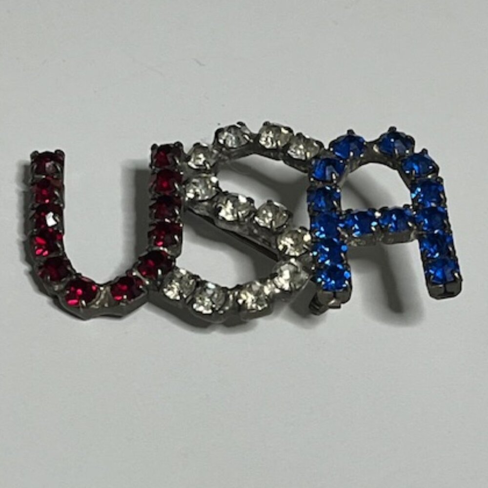 VTG USA Patriotic Brooch Red Clear Blue Prong Set Rhinestones Hat Vest Pin 2"x1"